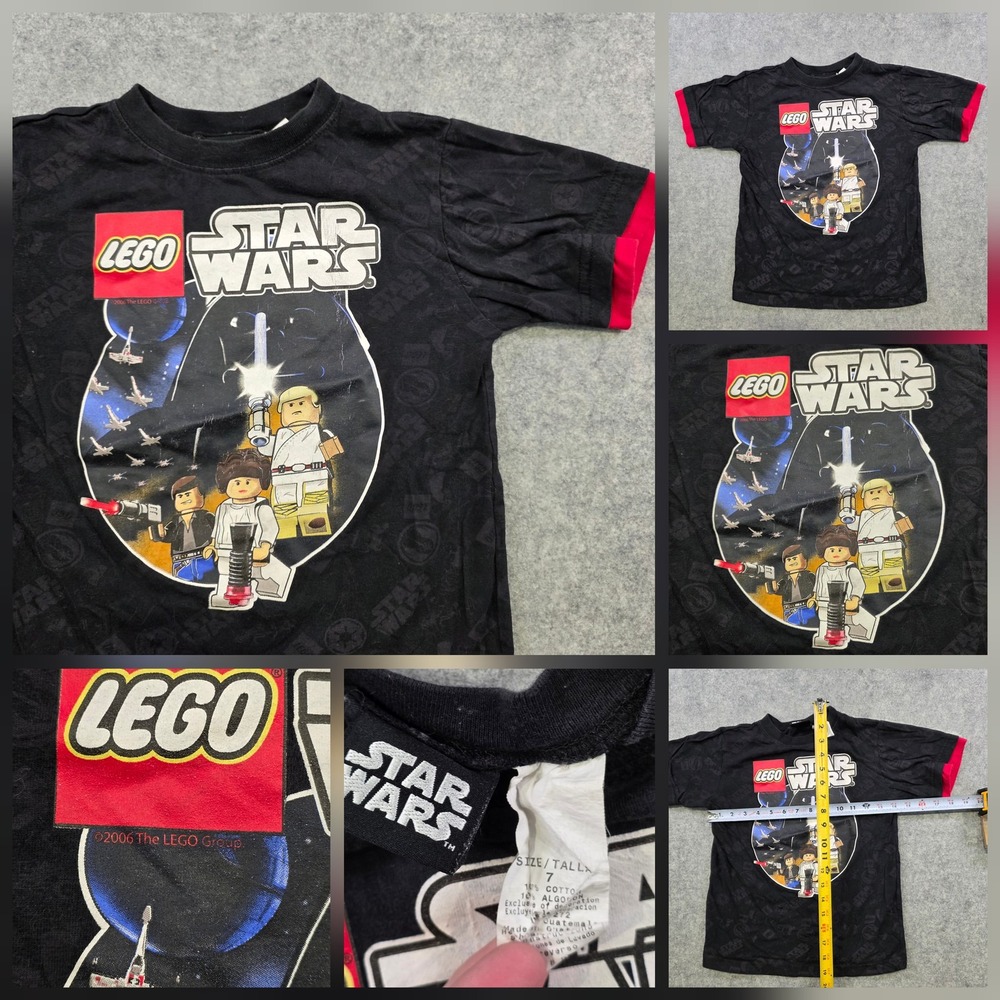 VTG Star Wars LEGO T Shirt Boys 7 Black Luke Leia Han Solo Graphic Short Sleeve